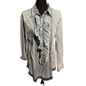 Collection by Cezele Ruffle Chambray Denim Button Front Shirt Women's M Medium